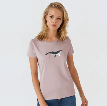 Model (5'8") wearing size M, blue whale crew neck pink t-shirt