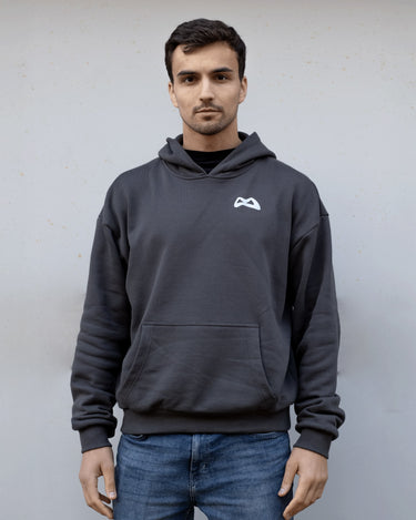 grimboy grey script hoodie front