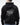 Person wearing a black hoodie with 'GRIM BOY' text on the back against a white background