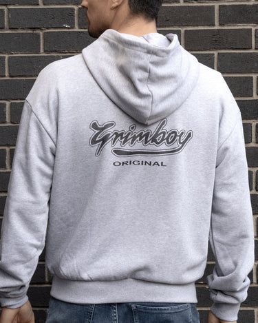 grimboy heather script hoodie back detail