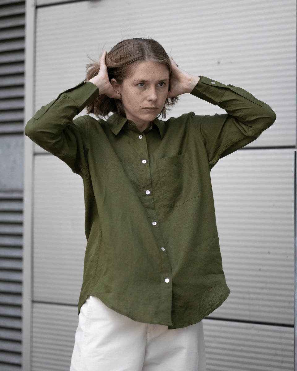 olive green dress shirt Olive Green Linen Shirt for Women – Relaxed Summer Style 10