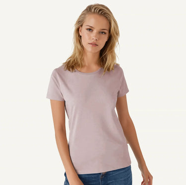 Model (5'8") wearing size M, vintage crew neck pink t-shirt