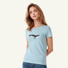 model (5'7") wearing size M, blue whale vintage crew neck cotton t-shirt