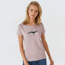 Model (5'8") wearing size M, blue whale crew neck pink t-shirt