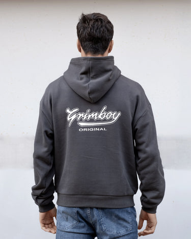 grimboy grey script hoodie back