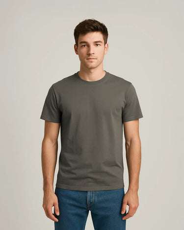 model wearing khaki crew neck t-shirt