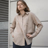 women's khaki linen shirt worn by a model