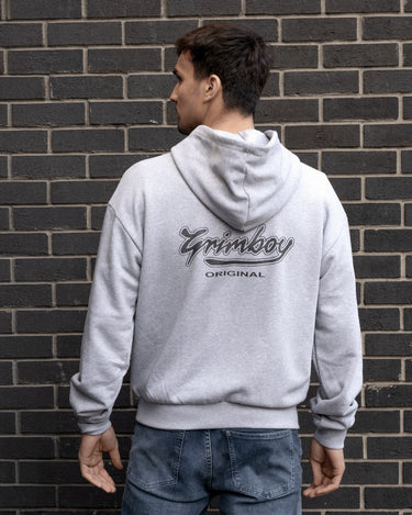 grimboy heather script hoodie back