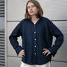 women's navy linen shirt worn by a model