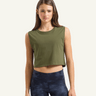 Woman wearing an olive green tank top