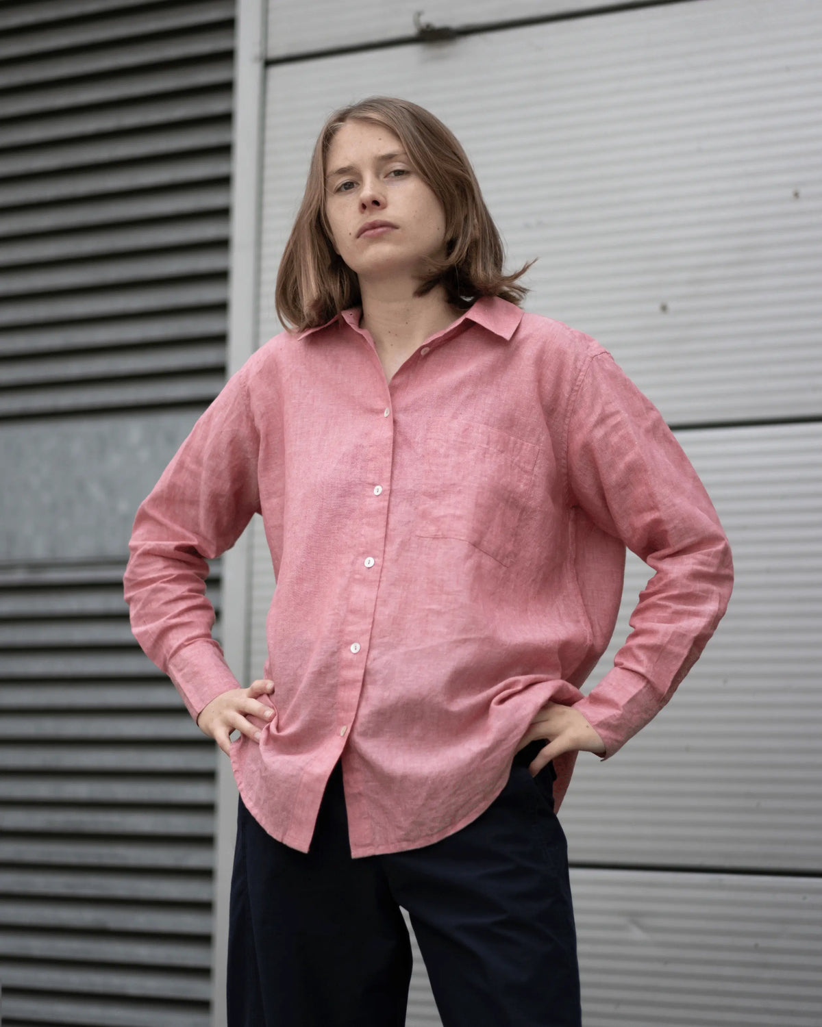 pink linen dress shirt Joseph Turner Linen Grandad Collar Shirt
