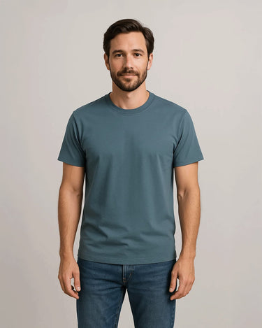 model wearing stone blue crew neck t-shirt